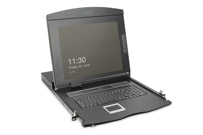 DIGITUS Modulare HD LCD KVM Konsole mit 19" TFT, 16-Port VGA KVM Anschluss, Touchpad, US Tastaturla
