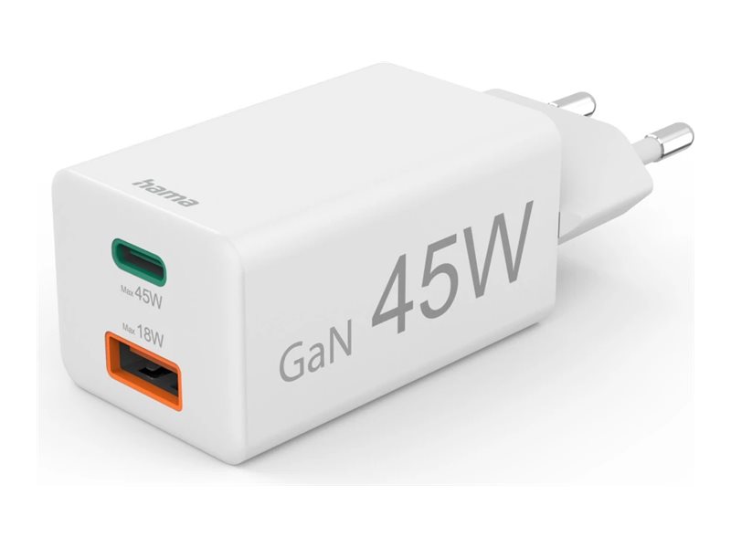 Hama Schnellladegeraet 1x USB-C PD USB-A QC Mini-Ladegeraet 45 W Weiß