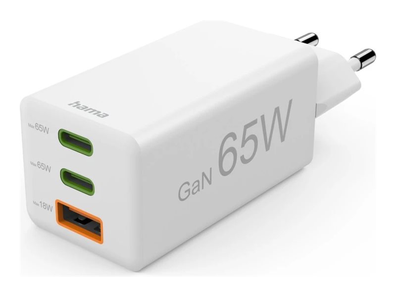 Hama Schnellladegeraet 2x USB-C PD 1x USB-A QC Mini-Ladegeraet 65W Weiß