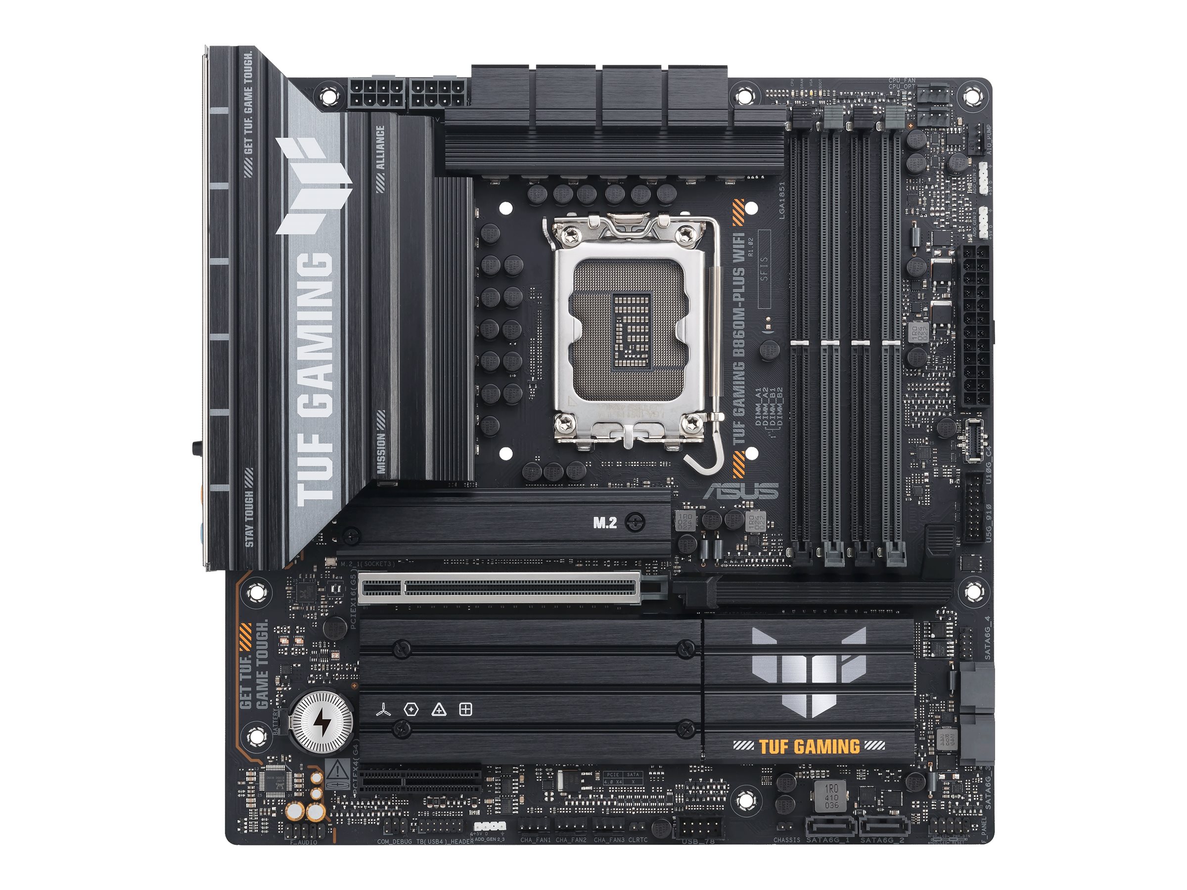 ASUS TUF GAMING B860M-PLUS WIFI - Motherboard - micro ATX - LGA1851-Sockel - B860 Chipsatz - USB-C 3.2 Gen 2x2, USB 3.2 Gen 2, USB 3.2 Gen 1, USB-C 3.2 Gen2 - 2.5 Gigabit LAN, Bluetooth, Wi-Fi 7 - Onboard-Grafik (CPU erforderlich) - HD Audio (8-Kanal)