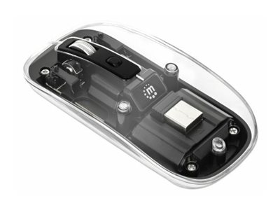 Manhattan - Maus - wiederaufladbar - rechts- und linkshändig - optisch - 4 Tasten - kabellos - 2.4 GHz - kabelloser Empfänger (USB) - durchsichtig, klar, Schwarz - retail - Box