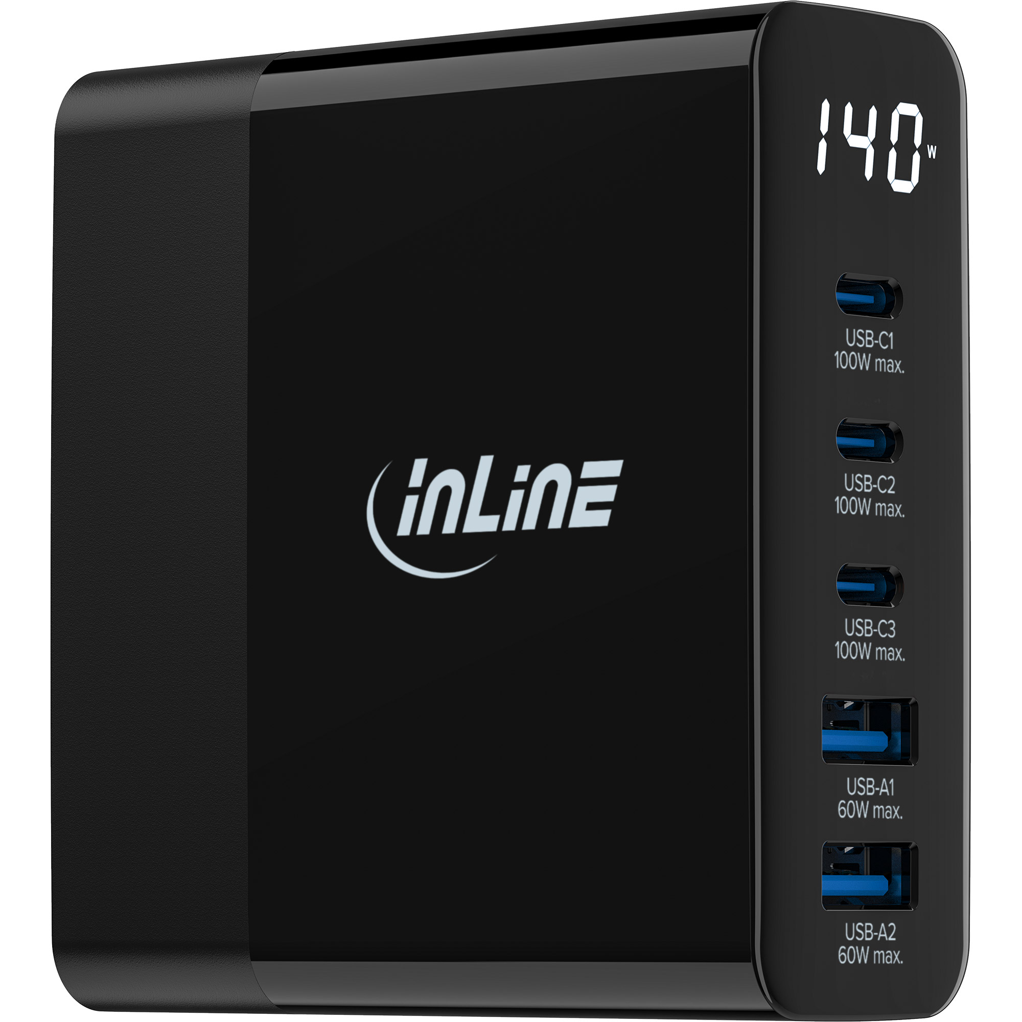 InLine - Netzteil - GaN mit Anzeige - 140 Watt - PD 3.0, Quick Charge 3.0 - 5 Ausgabeanschlussstellen (2 x USB, 3 x USB-C) - Schwarz - Europa