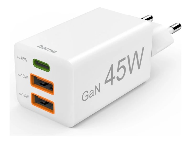 Hama Schnellladegeraet GaN 1x USB-C PD 2x USB-A QC Mini-Ladegeraet 45 W