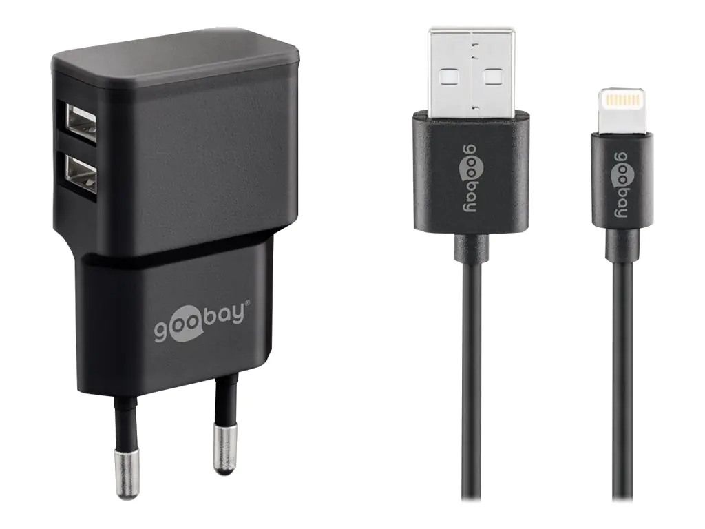 goobay - Netzteil - 12 Watt - 2.4 A - 2 Ausgabeanschlussstellen (USB) - auf Kabel: Lightning - Schwarz - Europa