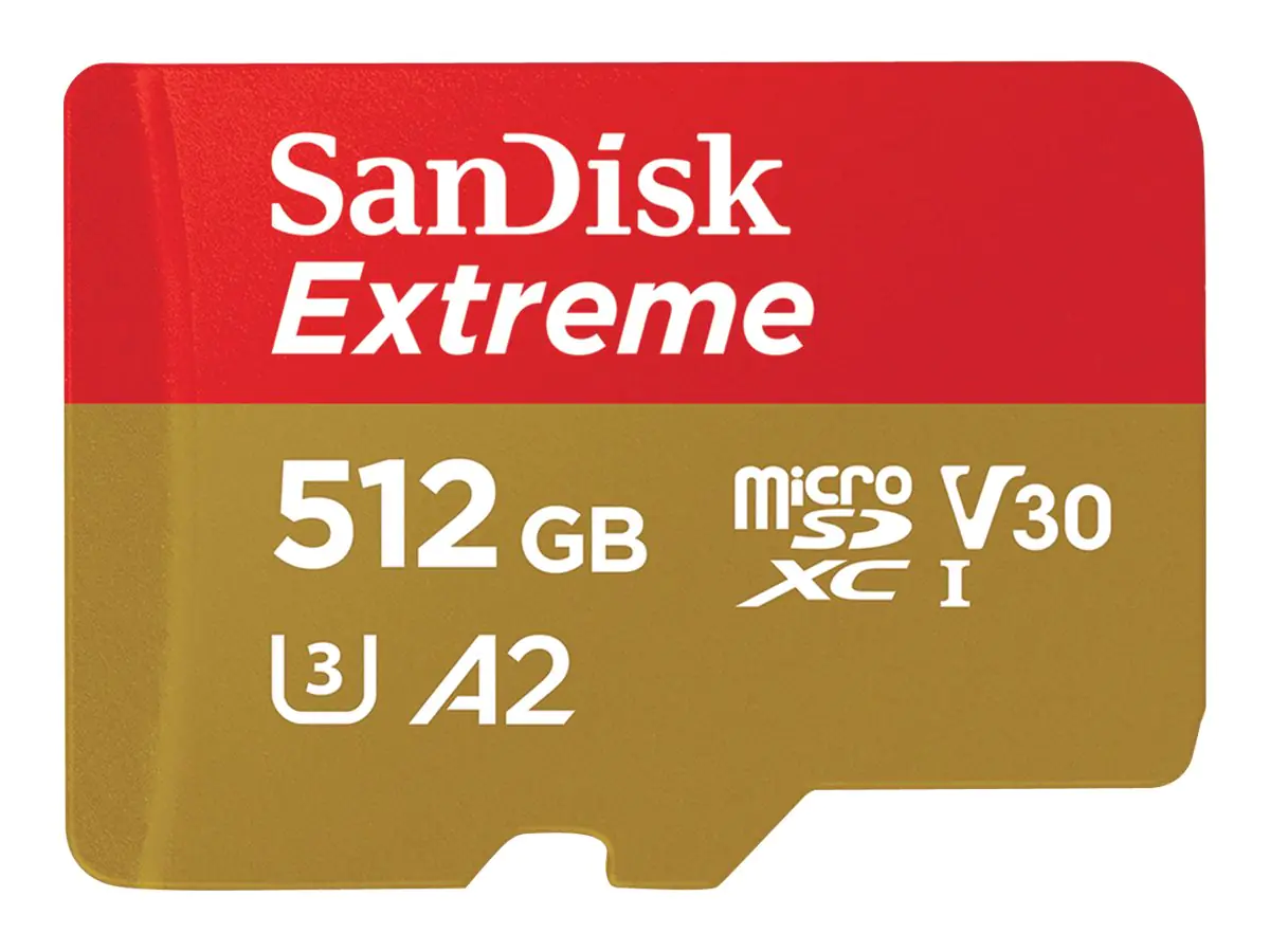 SanDisk Extreme - Flash-Speicherkarte (microSDXC-an-SD-Adapter inbegriffen) - 512 GB - A2 / Video Class V30 / UHS-I U3 / Class10 - microSDXC UHS-I
