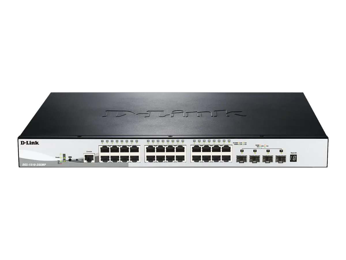 D-Link DGS 1510-28XMP - Switch - L3 - Smart - 24 x 10/100/1000 (PoE+) + 4 x 10 Gigabit SFP+ - Desktop, an Rack montierbar - PoE+ (370 W)