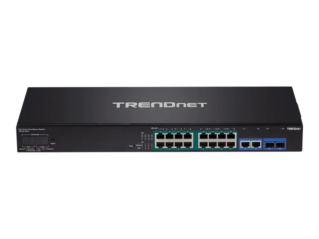 TRENDnet TPE 3018LS - Switch - Smart - 8 x 10/100/1000 (PoE+) + 2 x Kombi-Gigabit-SFP - an Rack montierbar - PoE+ (220 W) - TAA-konform