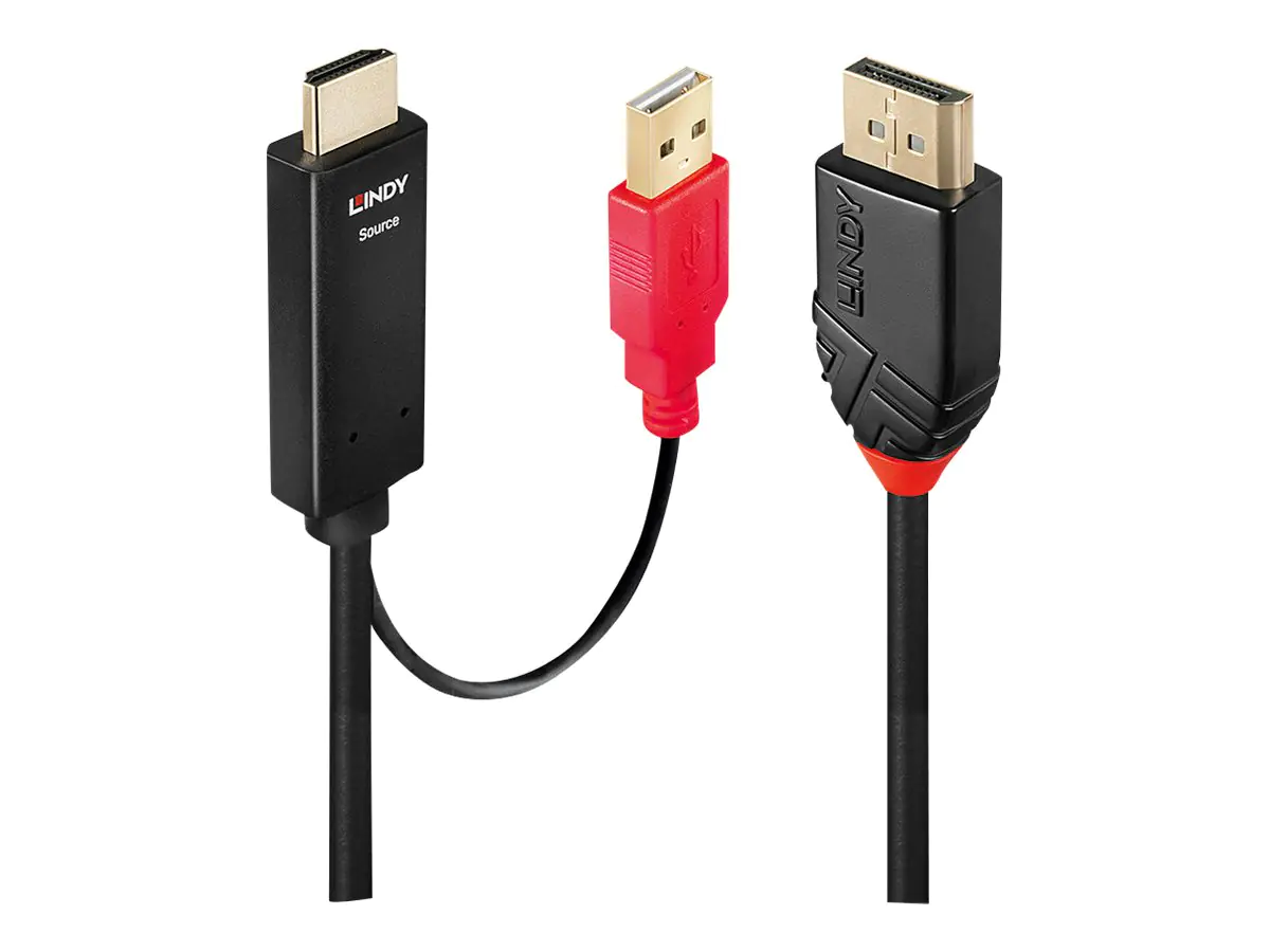 Lindy - Video- / Audiokabel - USB, HDMI männlich zu DisplayPort männlich - 5 m - abgeschirmt - Schwarz - rund, 4K Unterstützung, aktiv