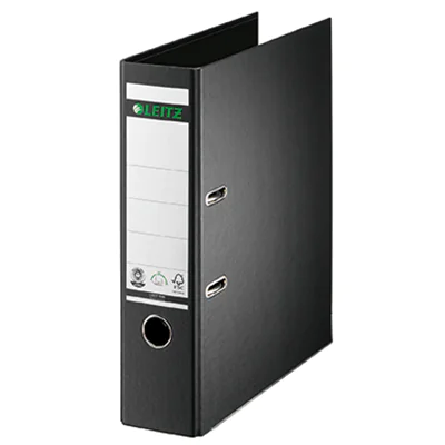 Leitz Ordner 80mm DIN A4 Rückenschild: geklebt Werkstoff: Pappe Material außen: Papier Material innen: Papier schwarz