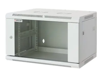 Intellinet Network Cabinet, Wall Mount (Standard), 6U, Usable Depth 350mm/Width 540mm, Grey, Assembled, Max 60kg, Metal & Glass Door, Back Panel, Removeable Sides, Suitable also for use on desk or floor, 19",Parts for wall install (eg screws/rawl