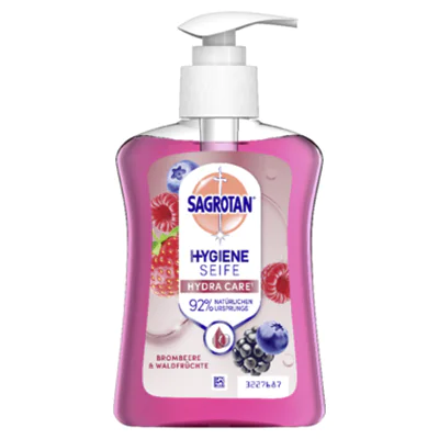 Sagrotan Flüssigseife HYDRA CARE Brombeere & Waldfrüchte dermatologisch getestet Ausführung des Behälters: Pumpflasche Material des Behälters: Kunststoff 0,25l