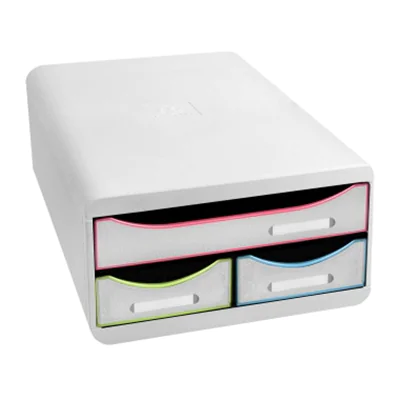 Exacompta Schubladenbox SMALL-BOX Mini 3 Schubladen DIN A4, Überbreite Polystyrol Gehäusefarbe: weiß Farbe der Schublade: weiß/harlekin