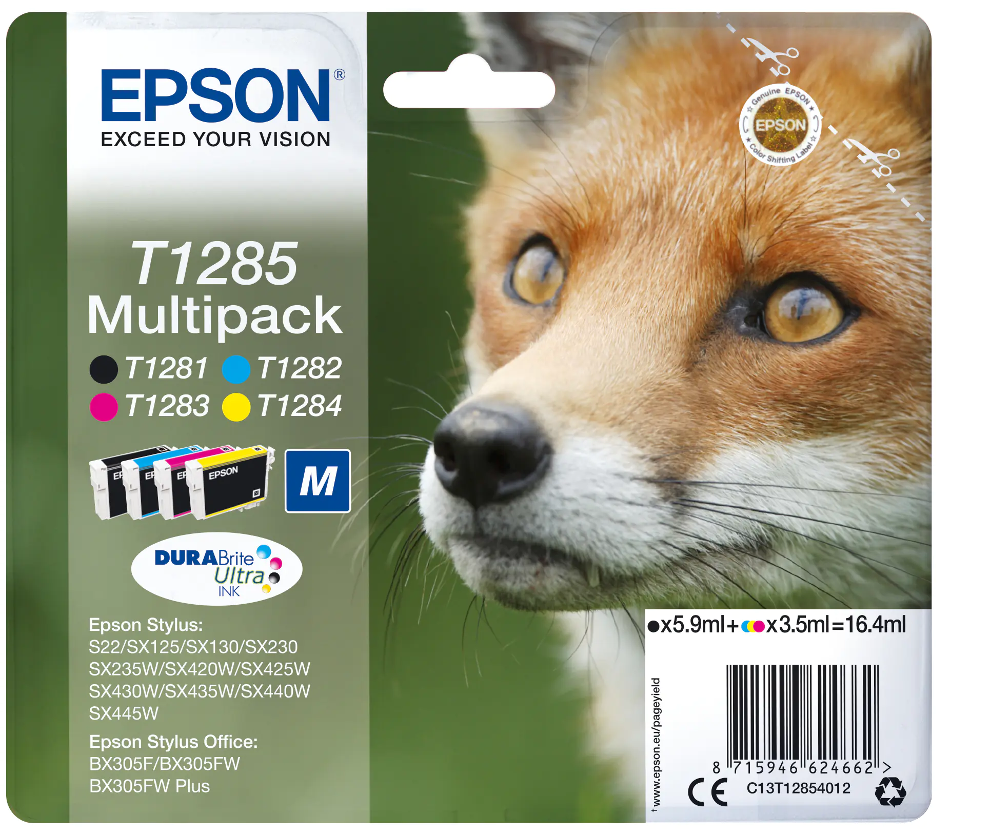 Epson T1285 Multipack - 4er-Pack - 16.4 ml - Schwarz, Gelb, Cyan, Magenta - Original - Tintenpatrone - für Stylus S22, SX130, SX230, SX235, SX430, SX435, SX438, SX440, SX445; Stylus Office BX305