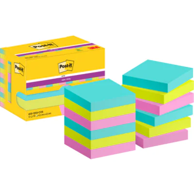 Post-it Haftnotiz Super Sticky Notes Miami Collection 48 x 48 mm (B x H) je 4 x türkis, neongrün, neonpink 90 Bl./Block 12 Block/Pack.