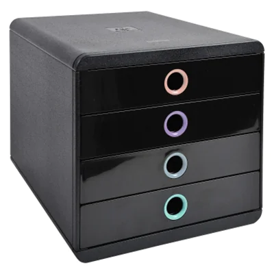 Exacompta Schubladenbox POP-BOX 4 Schubladen DIN A4, Überbreite Polystyrol Gehäusefarbe: schwarz Farbe der Schublade: schwarz/mehrfarbig
