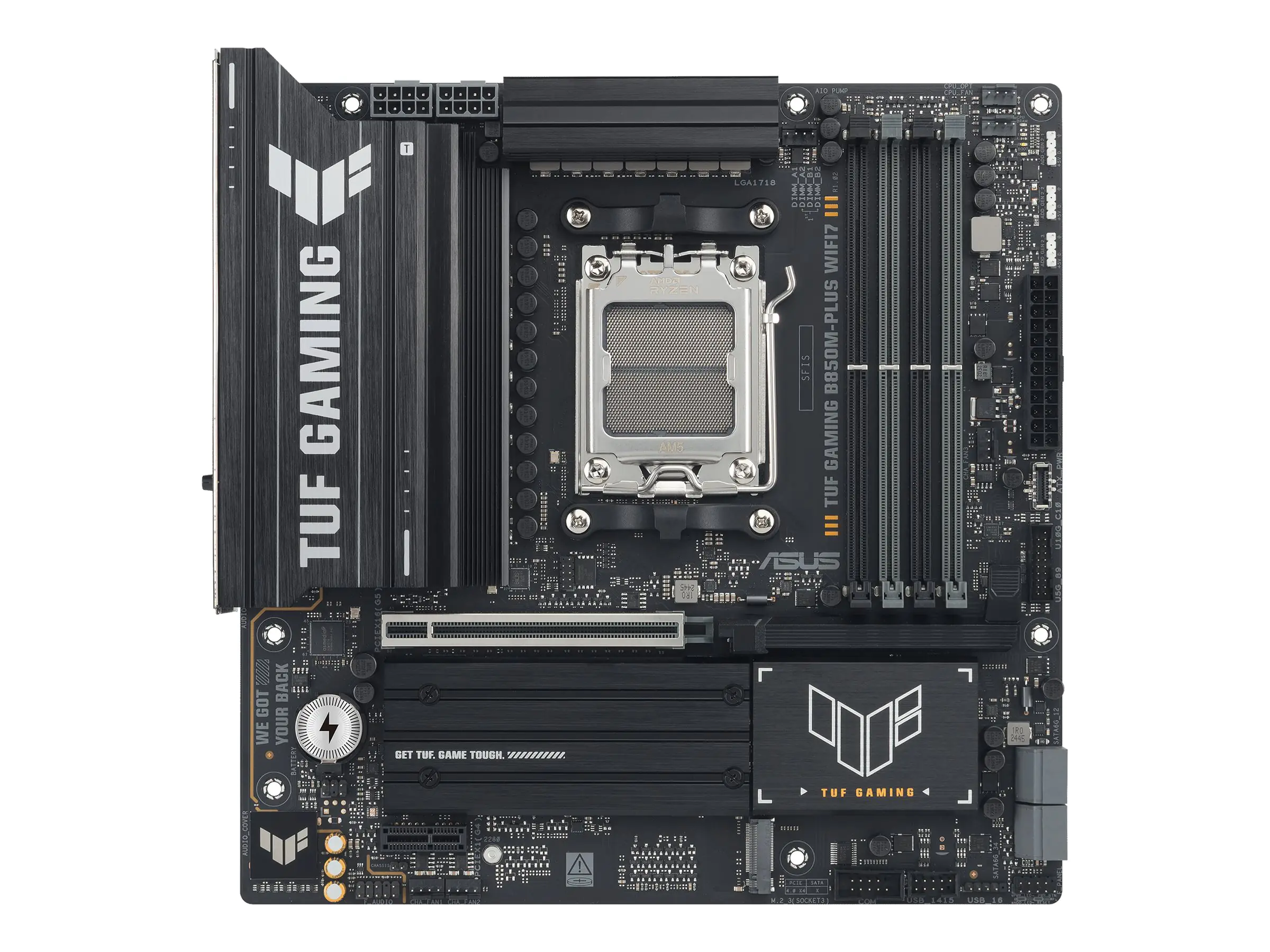 ASUS TUF GAMING B850M-PLUS WIFI7 - Motherboard - micro ATX - Socket AM5 - AMD B850 Chipsatz - USB-C 3.2 Gen 2x2, USB 3.2 Gen 2, USB 3.2 Gen 1, USB-C 3.2 Gen2 - Wi-Fi 7, Bluetooth, 2.5 Gigabit LAN - Onboard-Grafik (CPU erforderlich) - HD Audio (8-Kanal)