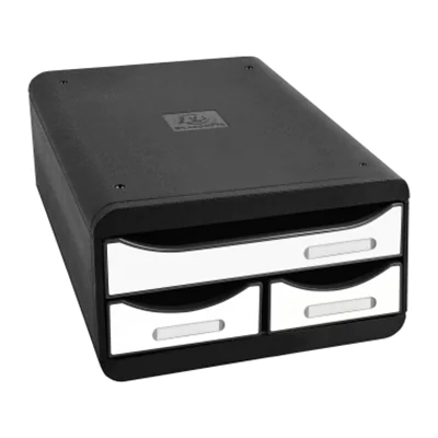 Exacompta Schubladenbox SMALL-BOX Mini 3 Schubladen DIN A4, Überbreite Polystyrol Gehäusefarbe: schwarz Farbe der Schublade: weiß glossy