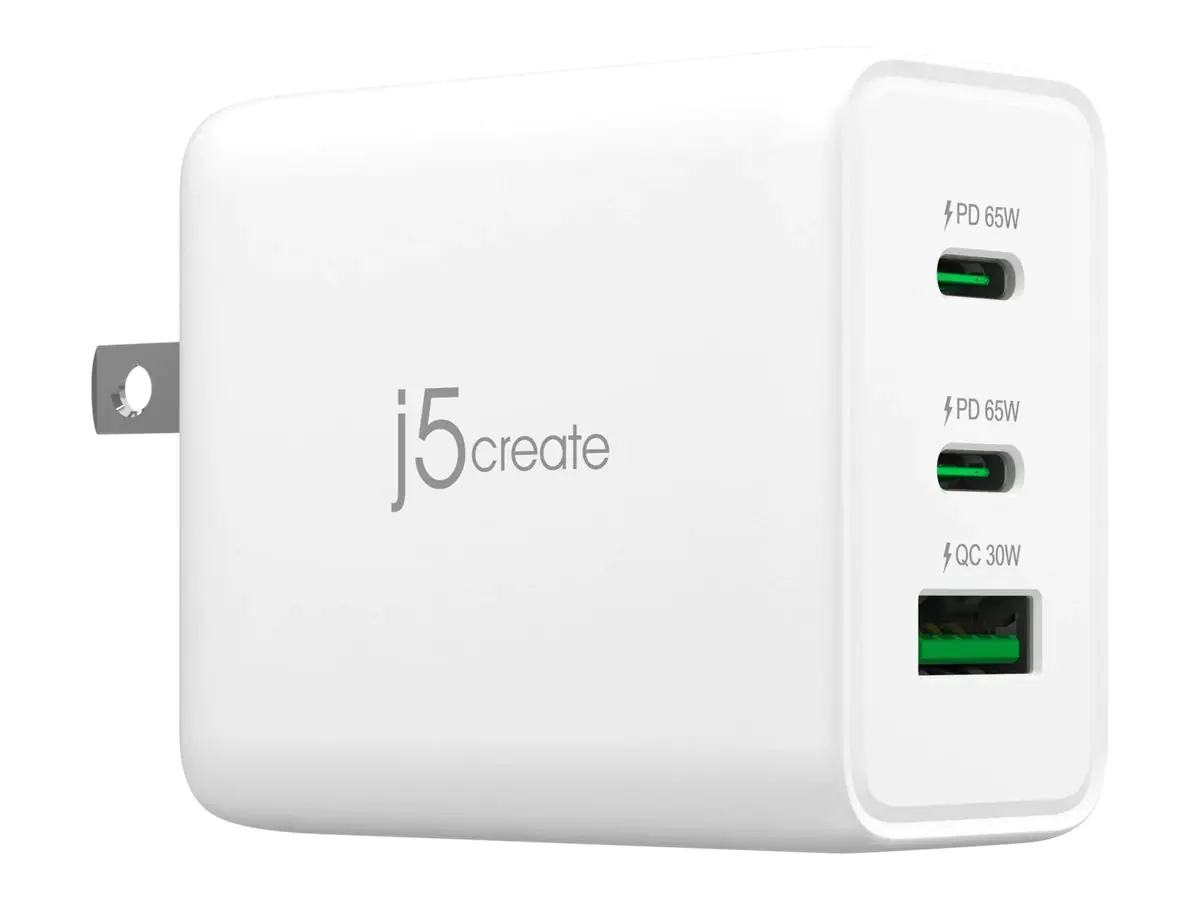 J5Create JUP3365 - Netzteil - 65 Watt - 4.5 A - PD 3.0, QC 3.0 - 3 Ausgabeanschlussstellen (2 x USB-C, USB Typ A) - weiß