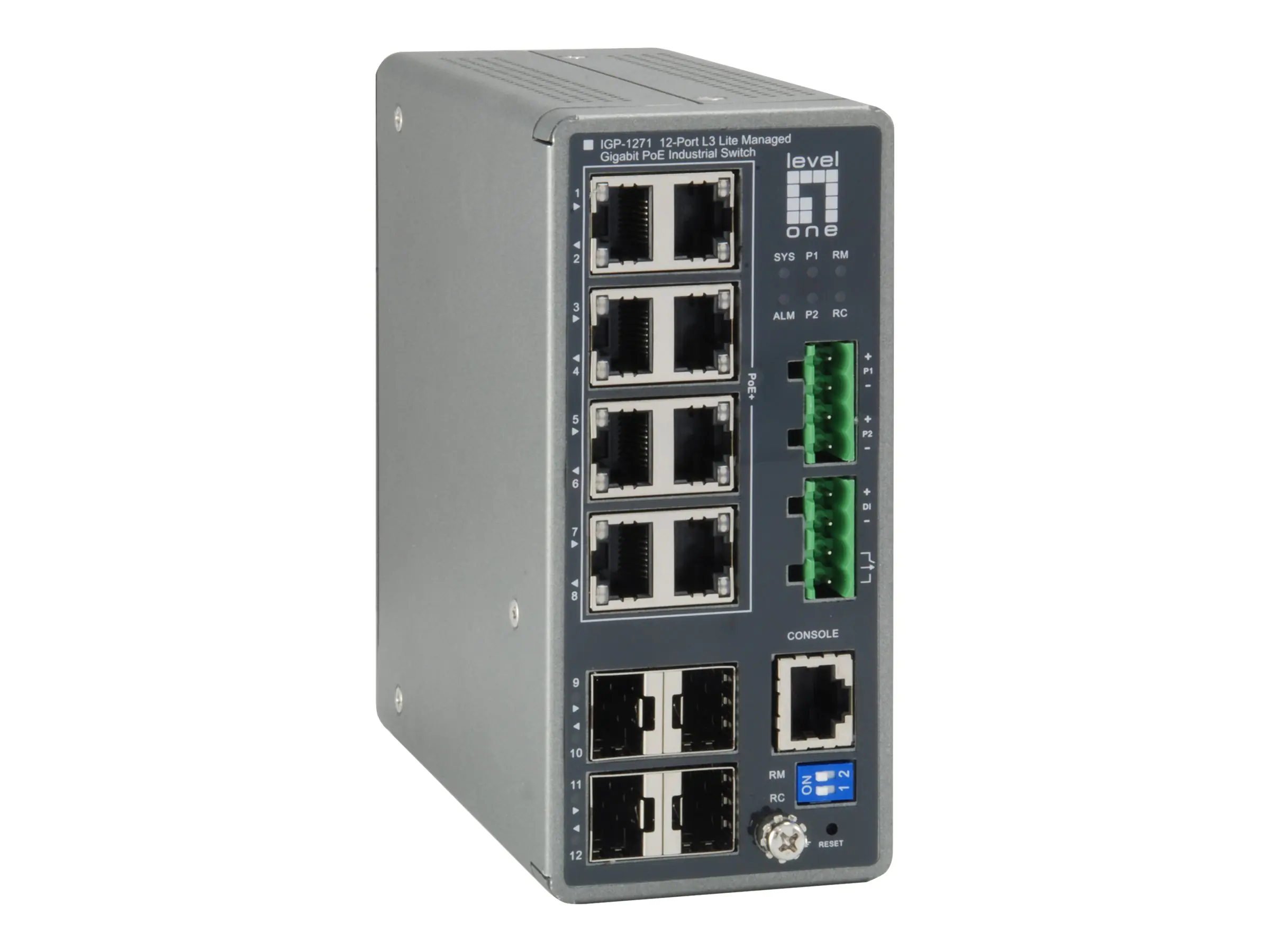 LevelOne IGP-1271 - Switch - L3 Lite - managed - 8 x 10/100/1000 (PoE+) + 4 x Gigabit SFP - an DIN-Schiene montierbar - PoE+ (240 W) - DC power