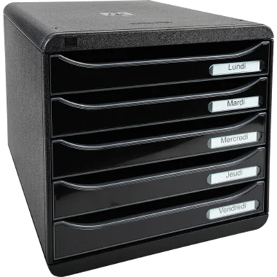 Exacompta Schubladenbox BIG-BOX plus 5 Schubladen DIN A4, Überbreite Polystyrol Gehäusefarbe: schwarz Farbe der Schublade: schwarz glossy