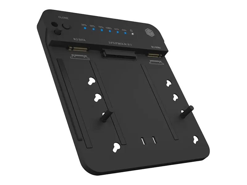 ICY BOX - HDD / SSD Dockingstation - Klonfunktion Schächte: 3 - 2,5" / 3,5" gemeinsam genutzt, M.2 (6,4 cm/8,9 cm gemeinsam genutzt) - M.2 NVMe Card / SATA 6Gb/s - USB 3.2 (Gen 2) - Schwarz