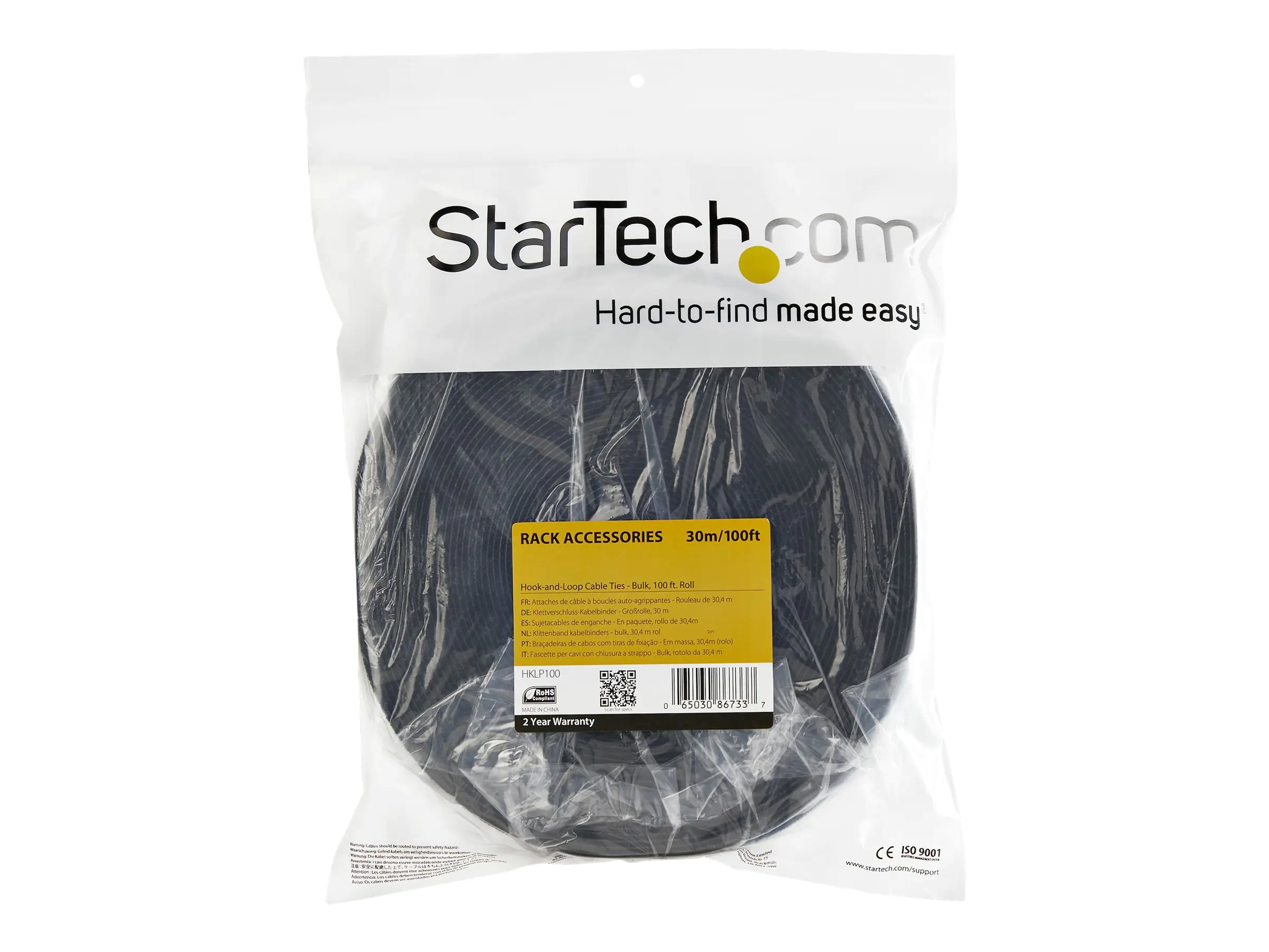 StarTech Klettverschluss 30m Rolle - Schwarz - Kabelbinderrolle - 30.4 m - für P/N: CMHOOK1U, HKLP100BL, HKLP100GN, HKLP100RD, HKLP100YW
