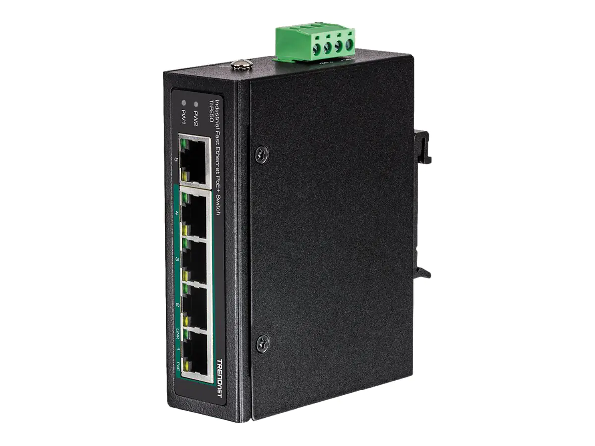 TRENDnet TI-PE50 - Switch - unmanaged - 4 x 10/100 (PoE+) + 1 x 10/100 - an DIN-Schiene montierbar, wandmontierbar - PoE+ (90 W) - Gleichstrom - TAA-konform