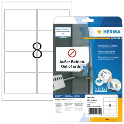HERMA Ablösbare Etiketten A4 96x63.5 mm weiß Movables/ablösbar Papier matt 200 St., Weiß, Selbstklebendes Druckeretikett, A4, Papier, Laser/Inkjet, Entfernbar 4350