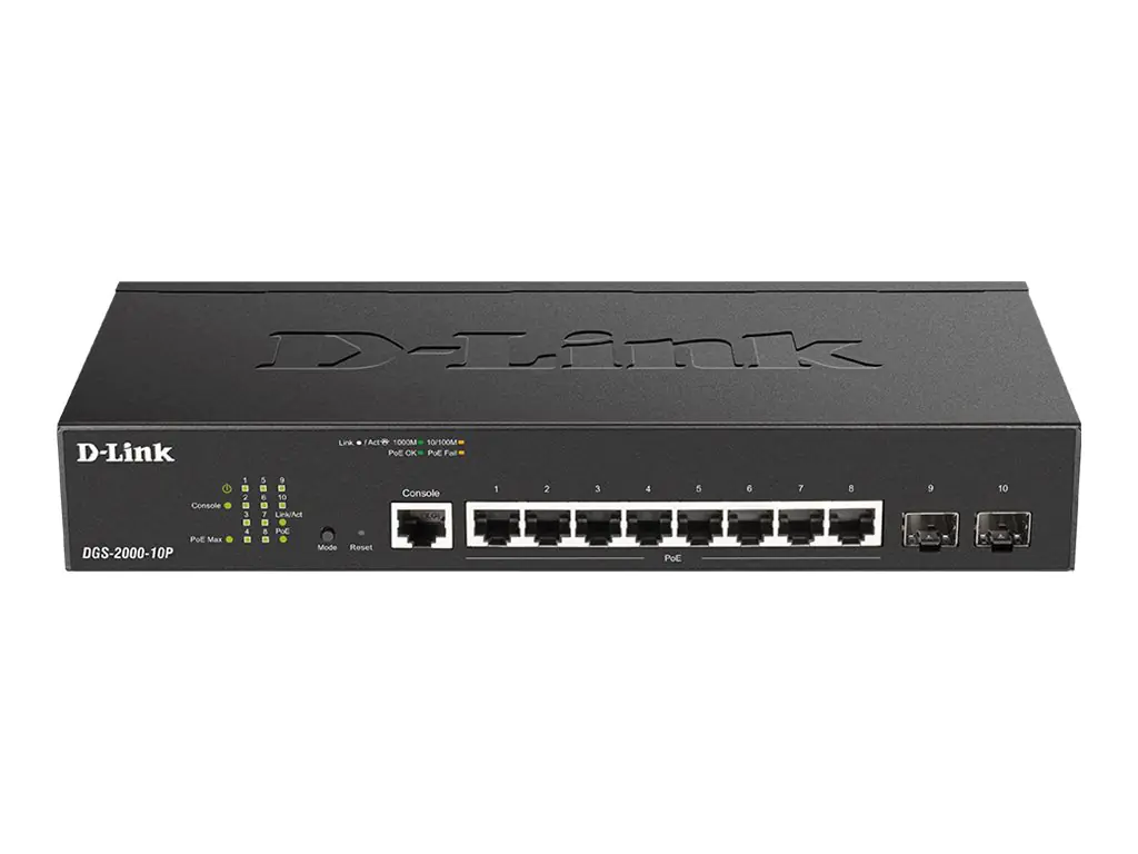 D-Link DGS 2000-10P - Switch - L3 - managed - 8 x 10/100/1000 (PoE+) + 2 x Fast Ethernet/Gigabit SFP, kombiniert - an Rack montierbar - PoE+ (65 W)