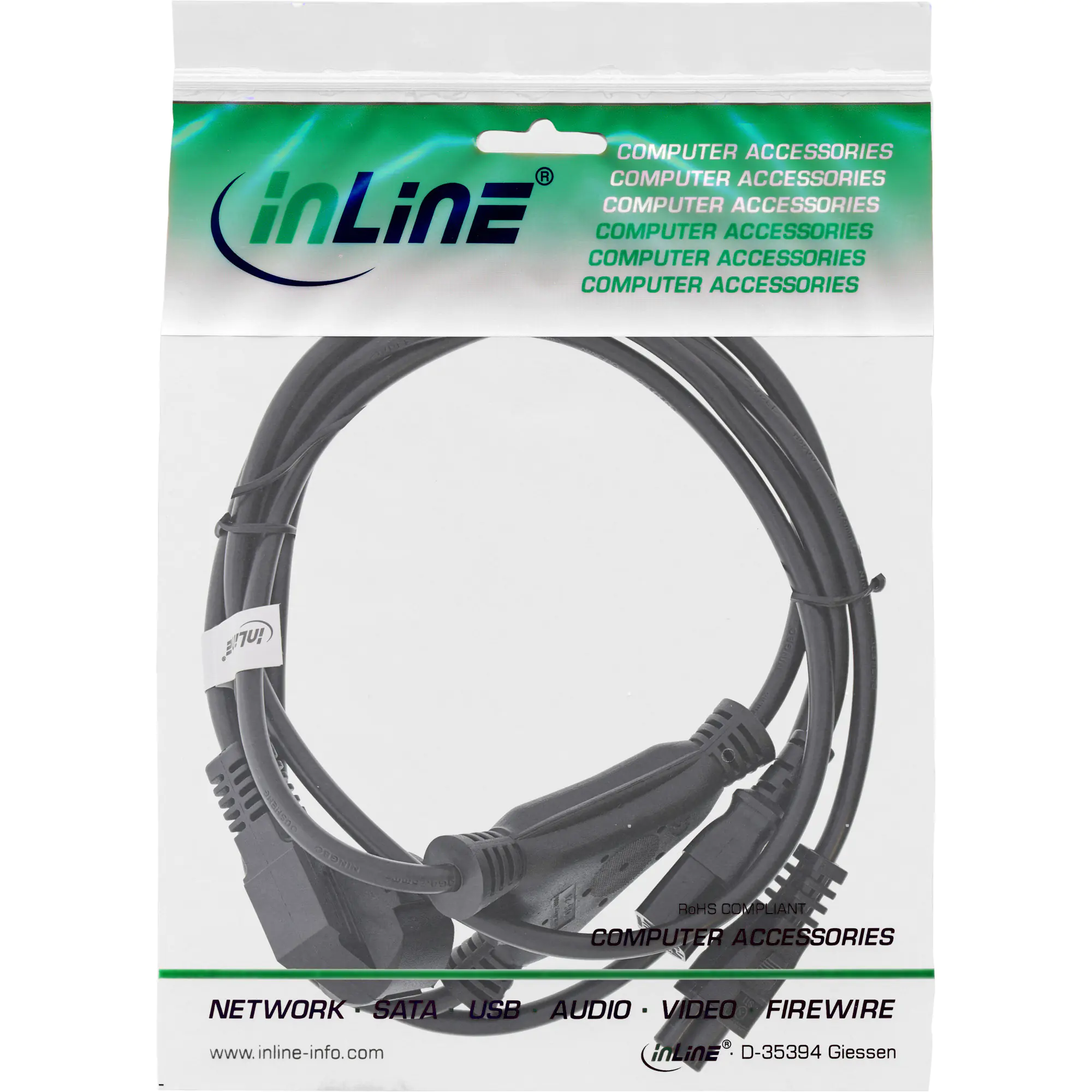 InLine Y-cable - Netz-Splitter - power CEE 7/7 (M) zu power IEC 60320 C13, IEC 60320 C5 - 2 m - 90° Stecker - Schwarz - Deutschland, Europäische Union