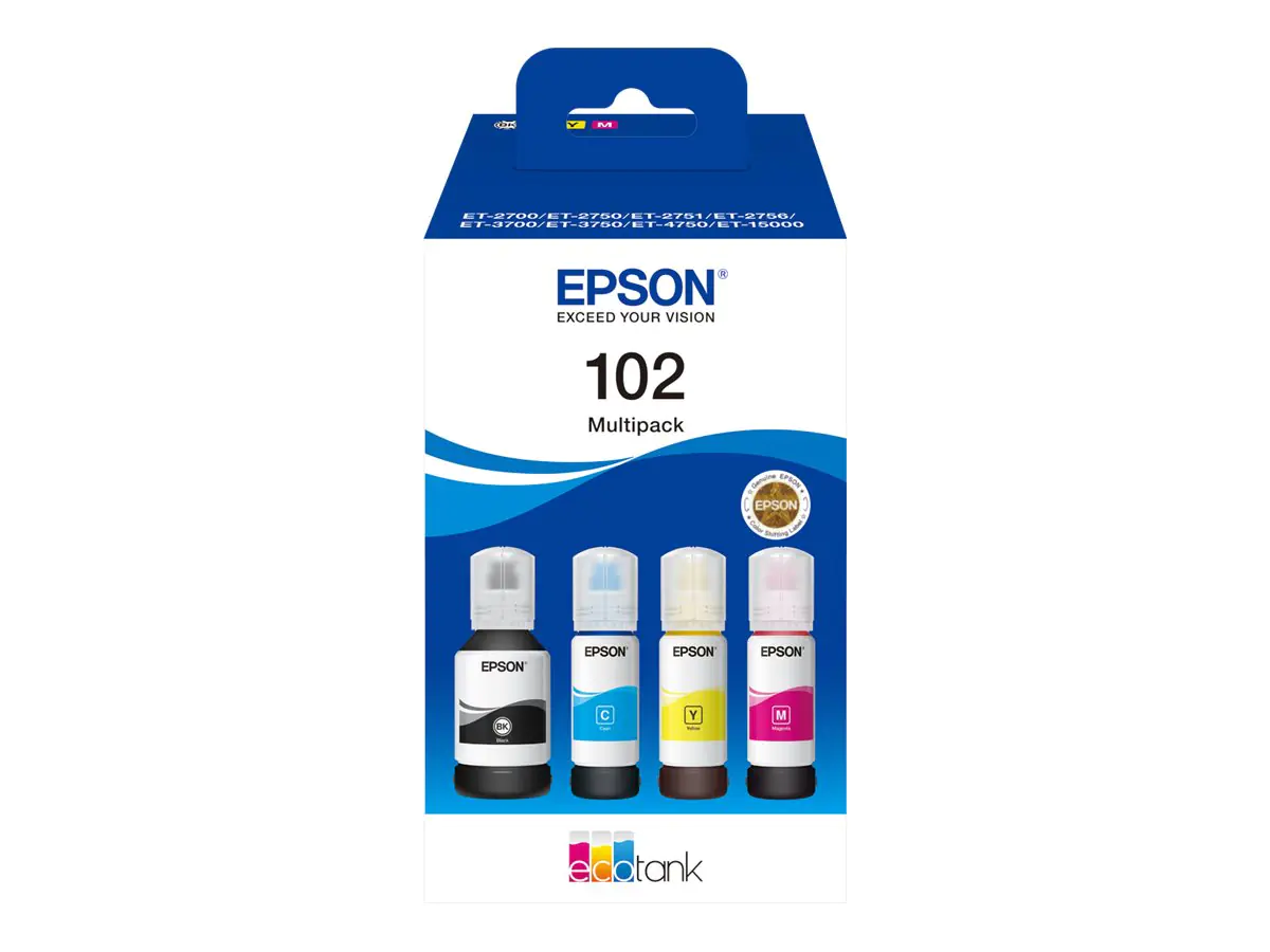 Epson 102 Multipack - 4er-Pack - Schwarz, Gelb, Cyan, Magenta - original - Tintenpatrone - für EcoTank ET-15000, 2750, 2751, 2756, 2850, 2851, 2856, 3850, 4750, 4850, 4856