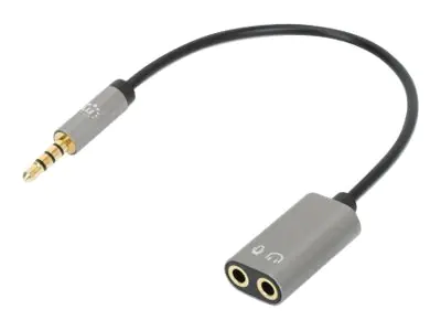 Manhattan Headset Adapter Cable with Stereo Audio Y-Splitter, 3.5mm, Aux, 20cm, Male/2x Female, Splits Single 3.5 mm Jack into Microphone-in and Audio-out, Slim Design, Black/Silver, Gold plated contacts and pure oxygen-free copper wire, Lifetime Warranty