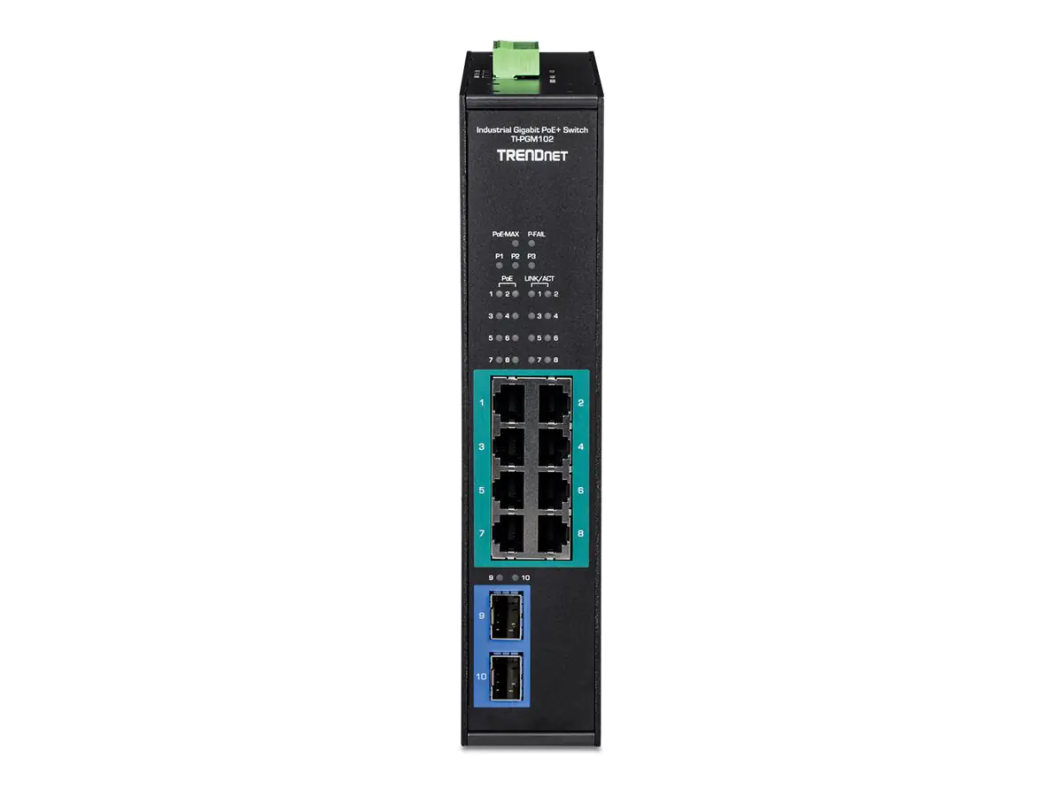 Trendnet TI-PGM102 - Switch - industriell - 8 x 10/100/1000 (PoE+) + 2 x Gigabit SFP - an DIN-Schiene montierbar, wandmontierbar - PoE+ (240 W) - TAA-konform
