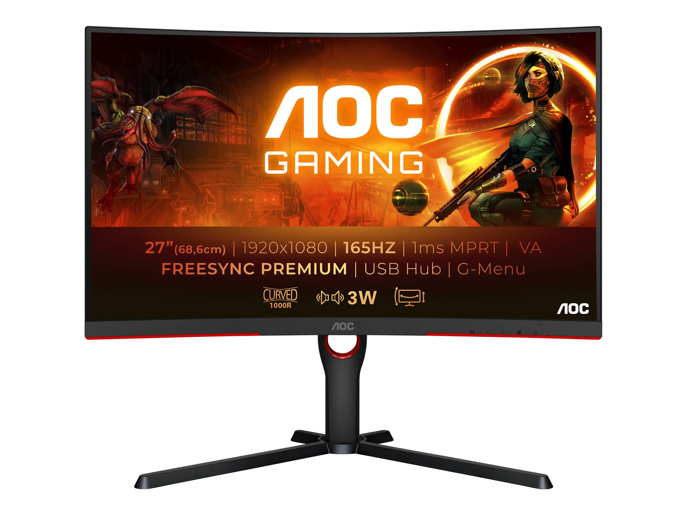 AOC Gaming C27G3U/BK - LED-Monitor - Gaming - gebogen - 68.6 cm (27") - 1920 x 1080 Full HD (1080p) @ 165 Hz - VA - 250 cd/m² - 1 ms - 2xHDMI, DisplayPort - Lautsprecher - Rot, Black Texture