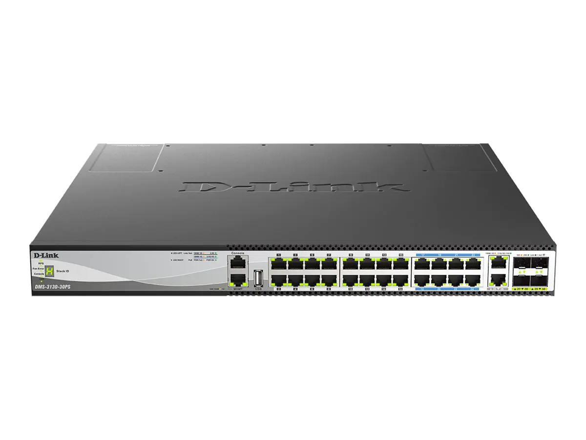 D-Link DMS 3130-30PS - Switch - multi-gigabit - L3 - managed - 16 x 100/1000/2.5G (PoE+) + 8 x 100/1000/2.5G/5G (PoE++) + 2 x 100/1000/2.5G/5G/10GBase-T + 4 x 10 Gigabit / 25 Gigabit SFP28 - an Rack montierbar - PoE++ (740 W)