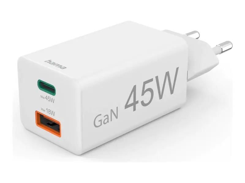 Hama Schnellladegeraet 1x USB-C PD USB-A QC Mini-Ladegeraet 45 W Weiß