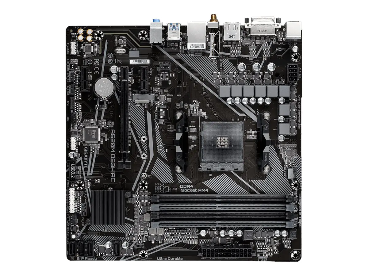 Gigabyte A520M DS3H AC - 1.X - Motherboard - micro ATX - Socket AM4 - AMD A520 Chipsatz - USB 3.2 Gen 1 - Gigabit LAN, Wi-Fi, Bluetooth - Onboard-Grafik (CPU erforderlich) - HD Audio (8-Kanal)