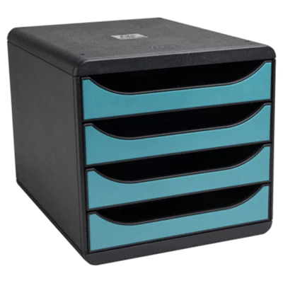 Exacompta Schubladenbox BIG-BOX 4 Schubladen DIN A4, Überbreite Polystyrol Gehäusefarbe: schwarz Farbe der Schublade: pazifikblau