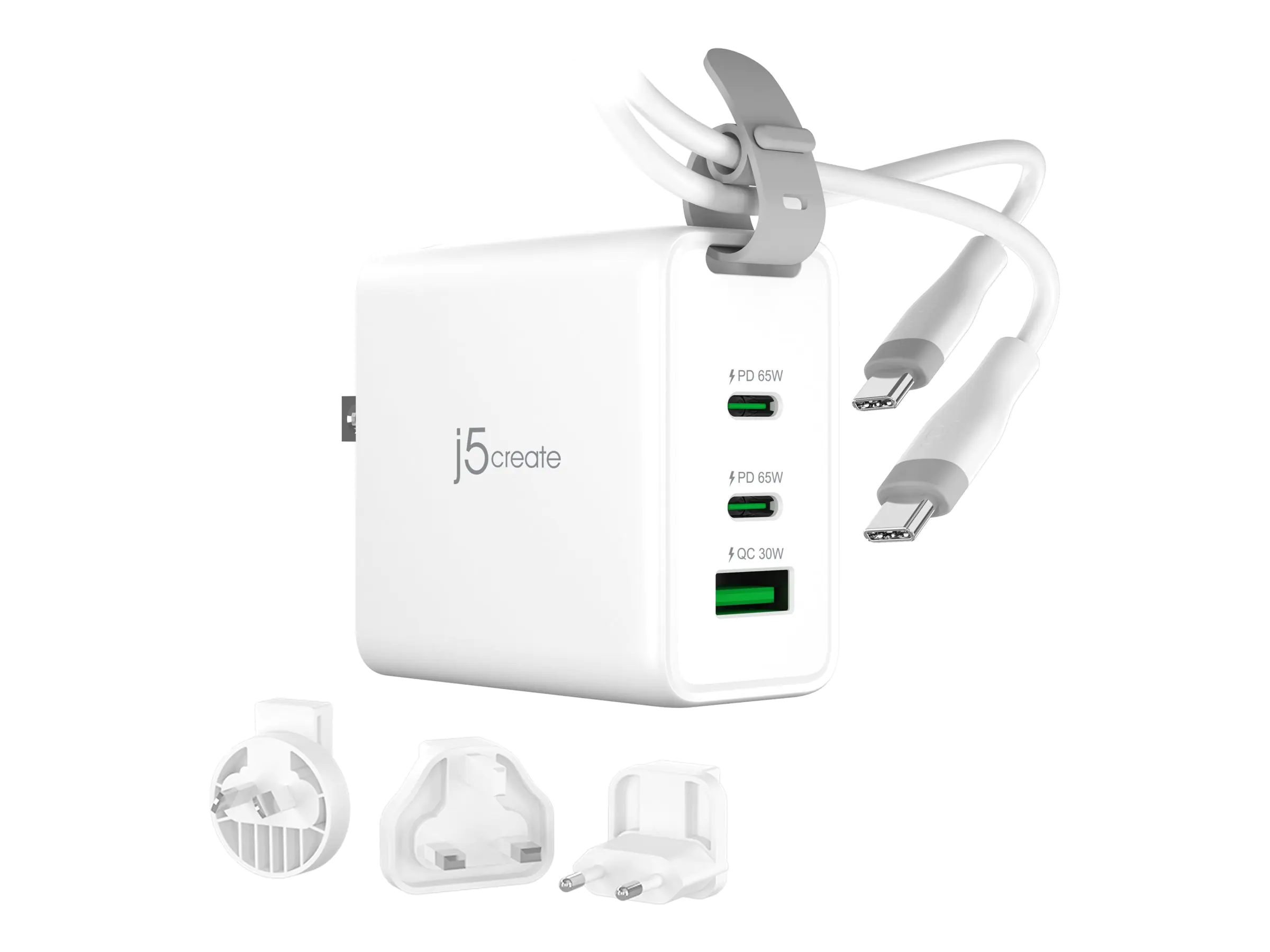 J5Create - Netzteil - 3 Ports, GaN, mit wechselbaren AC-Steckern und USB-C-Kabel - 65 Watt - 3 A - PD 3.0, Apple 2.4A, Apple Fast Charge, USB BC 1.2, Fast Charge, QC 3.0, Super Charge - 3 Ausgabeanschlussstellen (2 x USB-C, USB) - auf Kabel: USB-C - weiß
