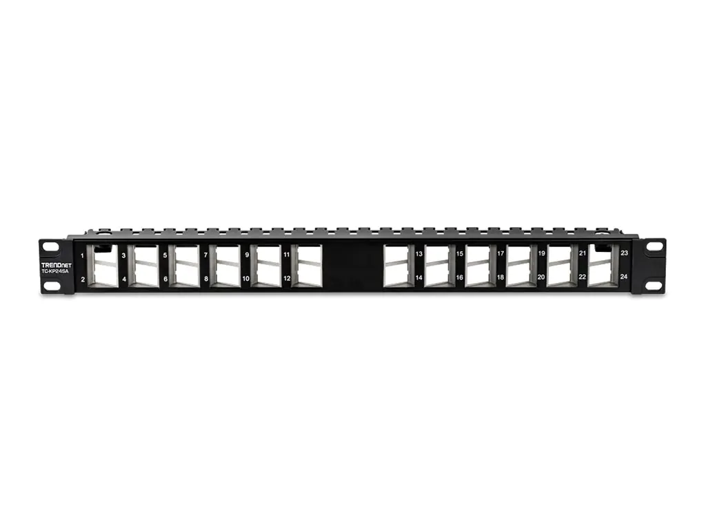 Trendnet TC-KP24SA - Patch Panel - abgewinkeltes geschirmtes Keystone-Patchpanel - Rack montierbar - CAT 6a - Schwarz - 1U - 48.3 cm (19") - 24 Ports - TAA-konform