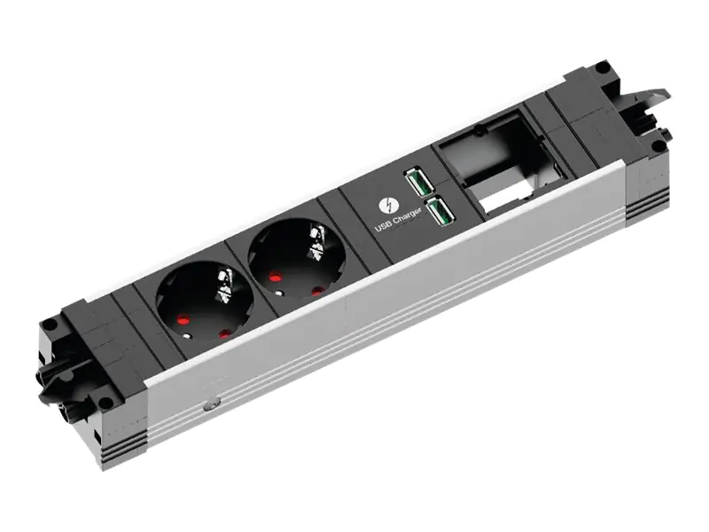 Bachmann STEP ALU - Steckdosenleiste - Wechselstrom 230 V - 3680 Watt - Eingabe, Eingang GST18 - Ausgangsanschlüsse: 2 (GST18, 4-poliger Mini-USB Typ A) - Deutschland - Aluminium / Silber, anthrazit schwarz