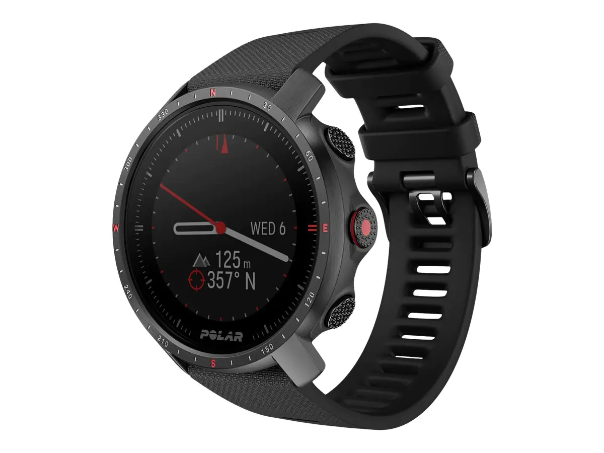 Polar Grit X Pro - Schwarz DLC - Sportuhr mit Band - Fluorkautschuk (FKM) - schwarz - Bandgröße: M/L - Anzeige 3 cm (1.2") - Bluetooth - 47 g