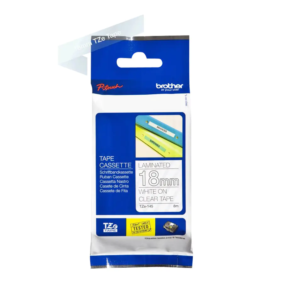 Brother TZ145 - Weiß auf durchsichtig - Rolle (1,8 cm x 8 m) laminiertes Band - für P-Touch PT-18, 1830, 1880, 2030, 2100, 2110, 2430, 2700, 2710, 2730, 3600, 9700, 9800
