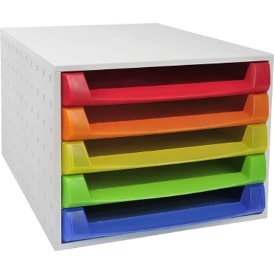 Exacompta Schubladenbox THE BOX 5 Schubladen DIN A4, Überbreite Polystyrol/Polypropylen Gehäusefarbe: grau Farbe der Schublade: mehrfarbig