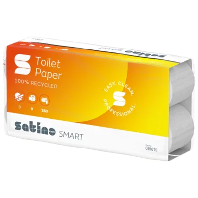 Satino Toilettenpapier SMART 3-lagig Papier, 100 % recycelt hochweiß 250 Bl./Rl. 8 Rl./Pack.