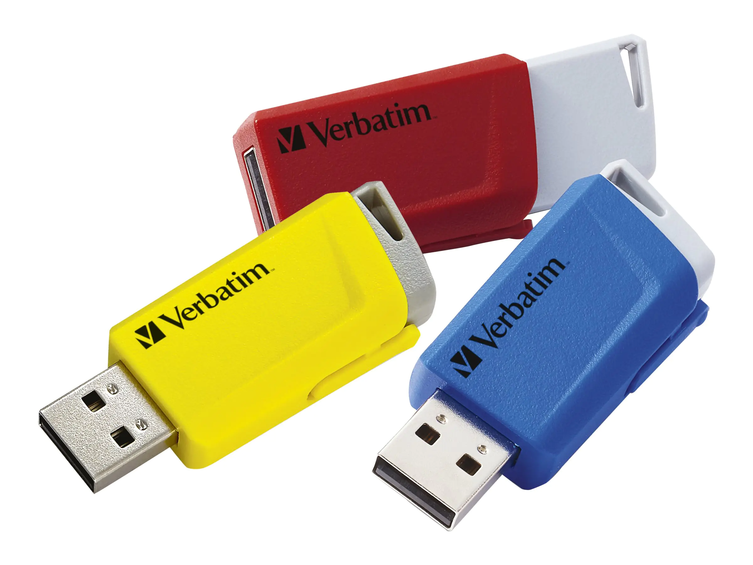 Verbatim Store 'n' Click - USB-Flash-Laufwerk - 16 GB - USB 3.2 Gen 1 - Blau, Gelb, Rot (Packung mit 3)