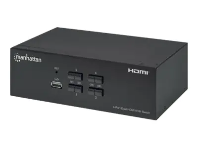 Manhattan HDMI KVM Switch 4-Port, 4K@30Hz, USB-A/3.5mm Audio/Mic Connections, Cables included, Audio Support, Control 4x computers from one pc/mouse/screen, USB Powered, Black, Three Year Warranty, Boxed - KVM-/Audio-/USB-Switch - 4 x KVM/Audio - 1 lokale