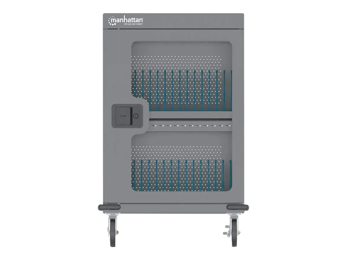 Manhattan Charging Cabinet/Cart via USB-C x32 Devices, Trolley, Power Delivery 18W per port (576W total), Suitable for iPads/other tablets/chromebooks up to 15.6", Bays 380x30x280mm, Device charging cables not included, Lockable (PIN code), EU & UK power