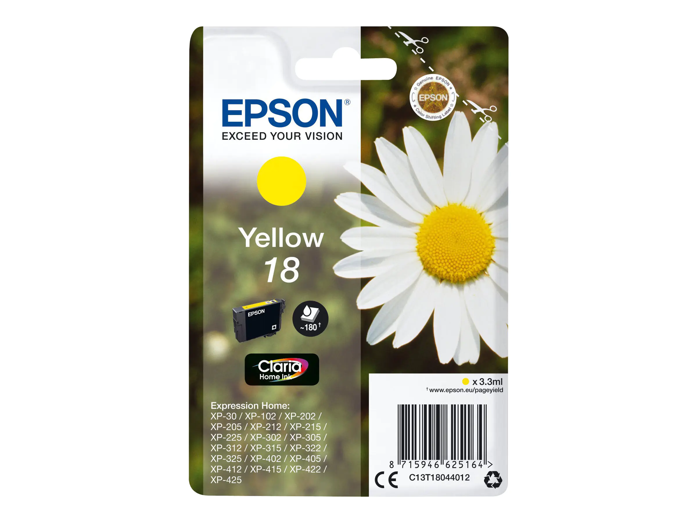 Epson 18 - 3.3 ml - Gelb - Original - Tintenpatrone - für Expression Home XP-212, 215, 225, 312, 315, 322, 325, 412, 415, 422, 425