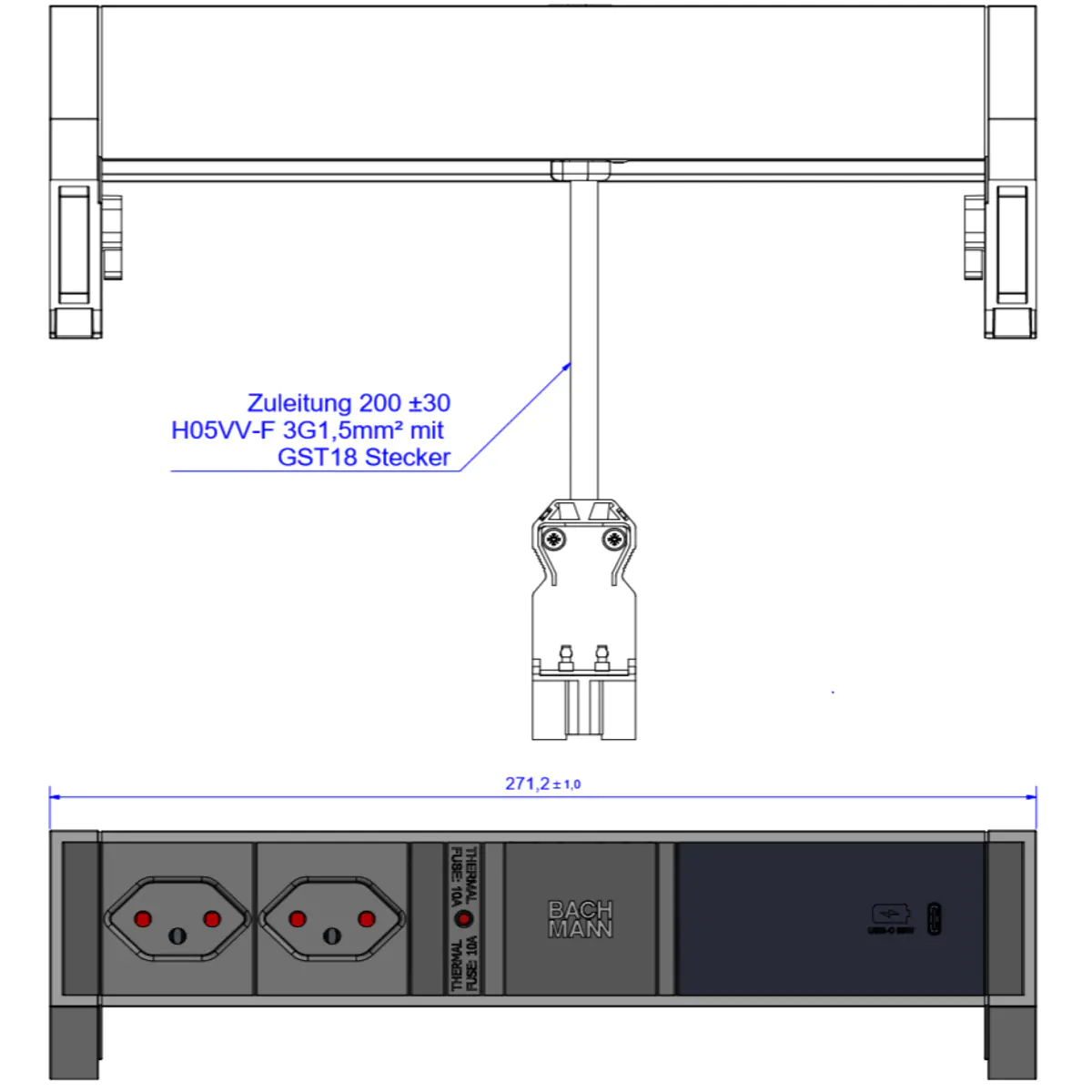 Bachmann DESK 2 - Steckdosenleiste - Eingabe, Eingang GST18 - Ausgangsanschlüsse: 2 (T13, 24 pin USB-C) 902.970